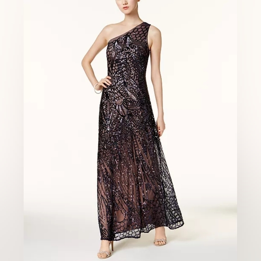 NIGHTWAY Sequined One-Shoulder Gown Prom Dress Size 8